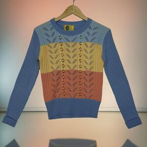 Vintage BEEWEAR Multi Stripe Blue Pink Yellow Knit Sweater Size XS
